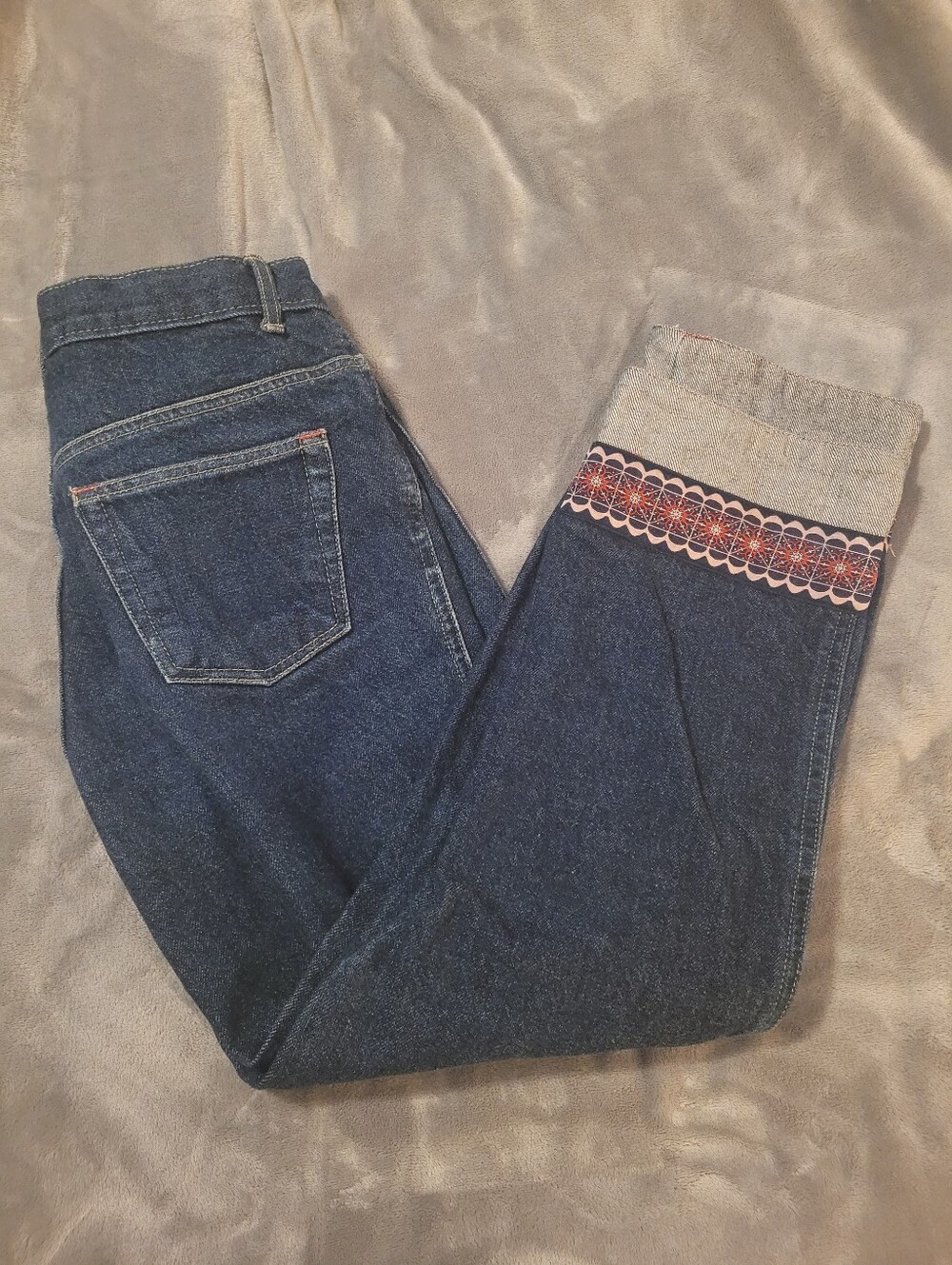 Dark Blue Women’s Jeans with Embroidered Cuff